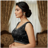 Black Zimmi Choo sequin work V-neck padded blouse (38/self alterable 36-40), women's formal attire on mannequin