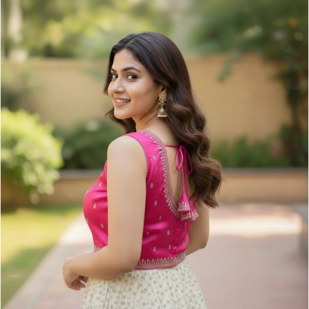 Pink Zimmi Choo sequin work V-neck padded blouse, self-alterable 36-40, on model