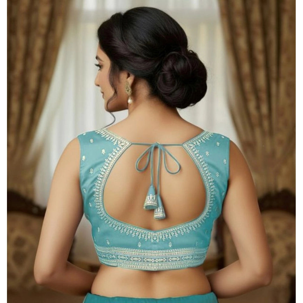 Sky Blue Zimmi Choo sequin work V-neck padded blouse, sleeveless with back hook closure