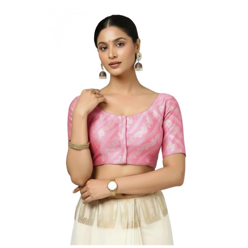 Light Pink Jacquard Zari round neck padded blouse with self alterable size 36-40