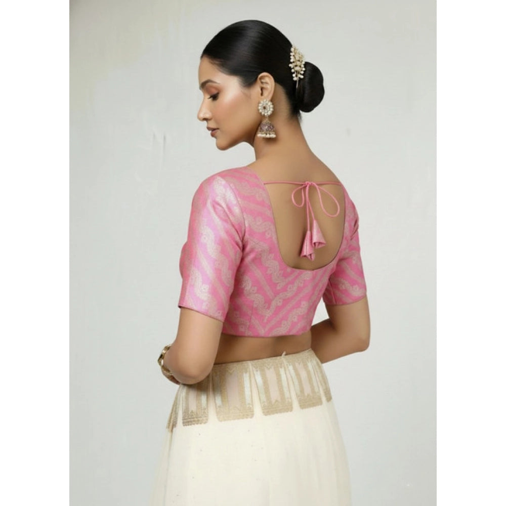 Light Pink Jacquard Zari Round Neck Padded Blouse (self-alterable 36-40) - women's fashion, stylish blouse with padded detail on display
