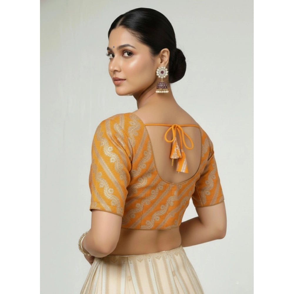 Orange jacquard Zari round neck padded blouse (self-alterable 36-40)