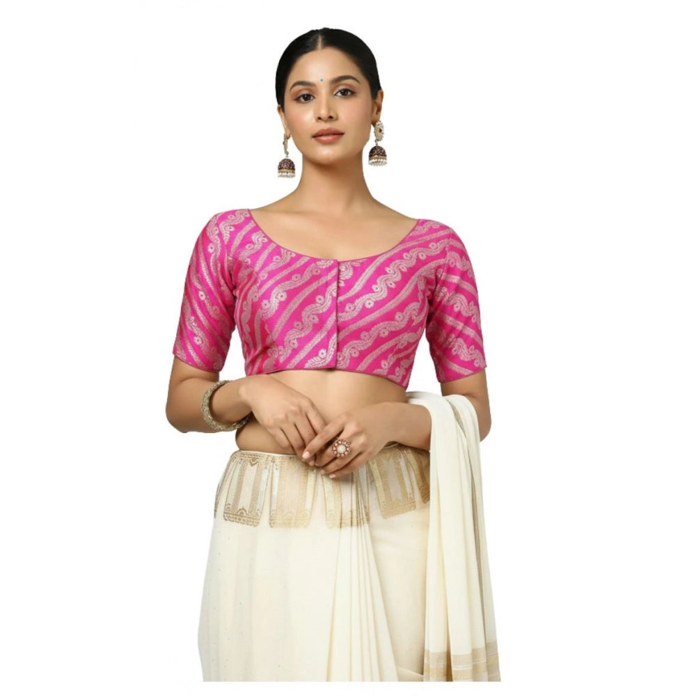 Pink jacquard Zari round neck padded blouse (self-alterable 36-40)