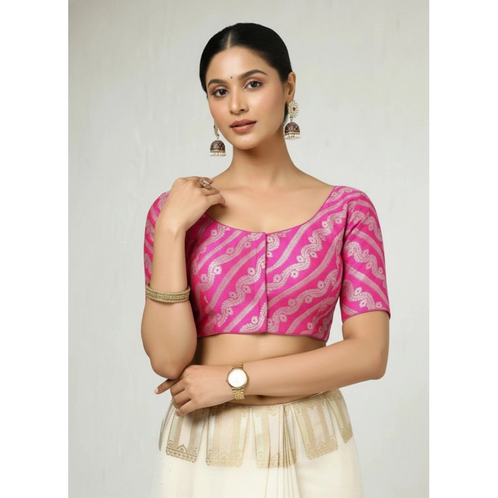 Pink jacquard Zari round neck padded blouse (ready to wear 38, self-alterable 36-40)