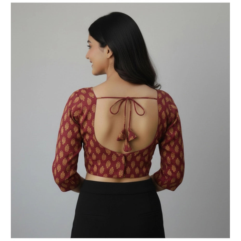 Maroon Ajrakh cotton printed padded halter neck blouse with long sleeves, vibrant Indian folk art design