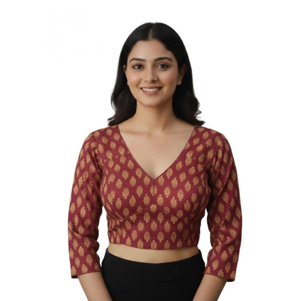 Maroon Ajrakh Cotton Printed Halter Neck Padded Blouse with long sleeves on mannequin, self-alterable size 36-40
