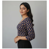Navy Ajrakh cotton printed halter neck padded blouse with long sleeves, self-alterable size 36-40
