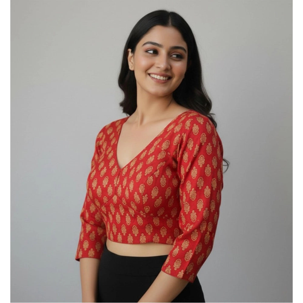 Red Ajrakh cotton printed halter neck padded blouse with long sleeves on hanger