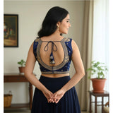 Navy Zimmi Choo embroidered padded V-neck blouse (ready for self-alteration sizes 36-40)