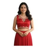Red Zimmi Choo embroidered V-neck padded blouse with self-alterable sizes from 36-40