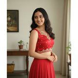 Red Zimmi Choo embroidered padded blouse with self-alterable sizes from 36-40 (short sleeves)
