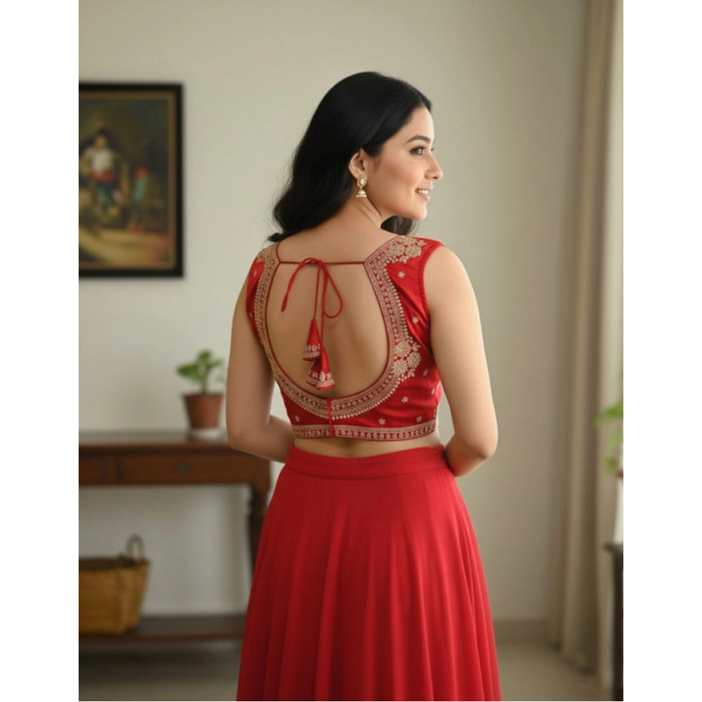 Red Zimmi Choo embroidered v-neck padded blouse (38 ready, self-alterable 36-40) - elegant women's fashion on display stand