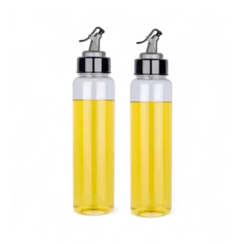 Multi-colored plastic oil bottles with airtight dispensers, ideal for kitchen essentials