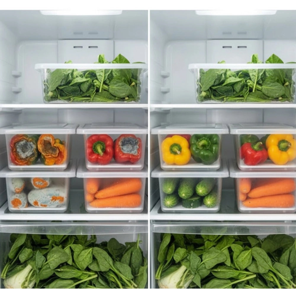 Multicolor plastic food container set with dividers for large serving tray, stackable design saves fridge space for efficient organization