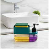 Multicolor plastic 3-in-1 soap dispenser with sponge holder, easy one-hand pump action for quick and convenient use
