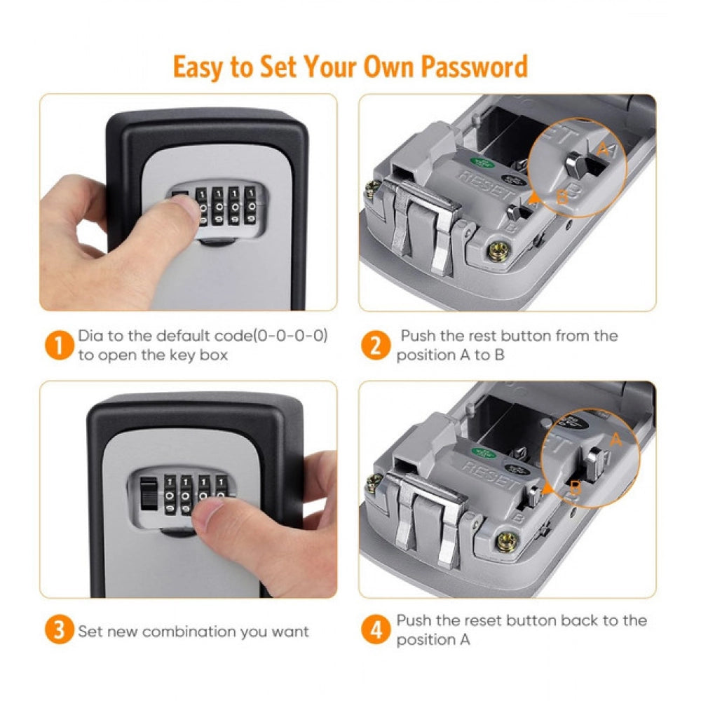Grey-Black ABS plastic wall-mounted key lock box, combination lock storage solution for keys
