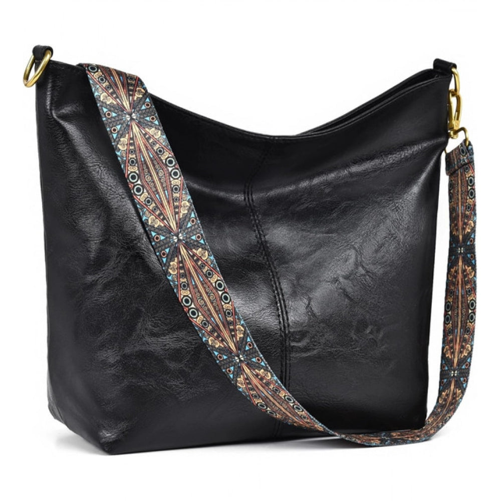 Black PU leather zipper handbag, medium size for women's fashion accessories