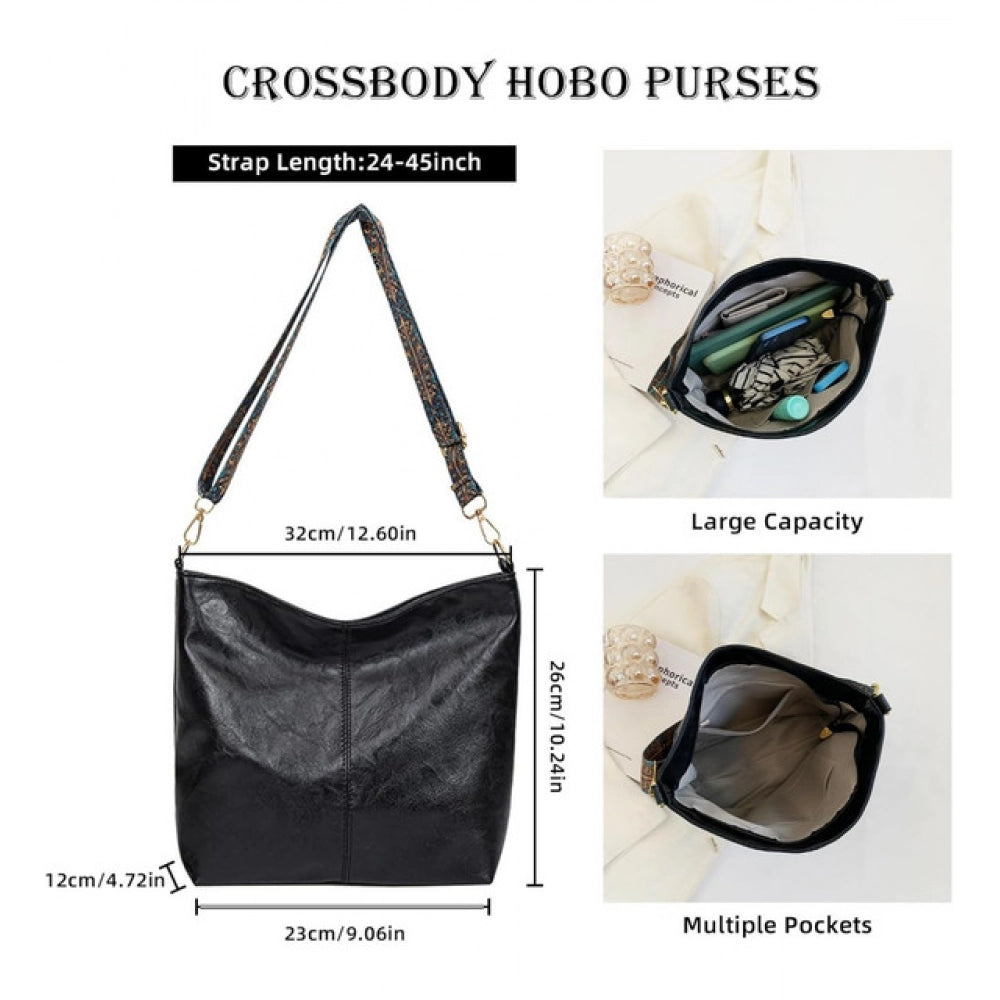 Black PU leather zipper handbag for women, medium size, stylish accessory