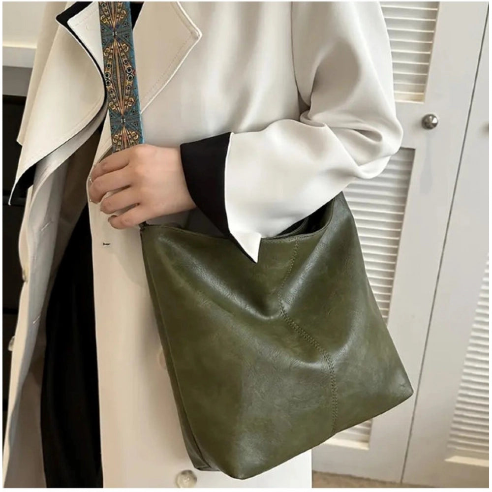 Green PU leather zipper handbag for women - medium size, stylish accessory