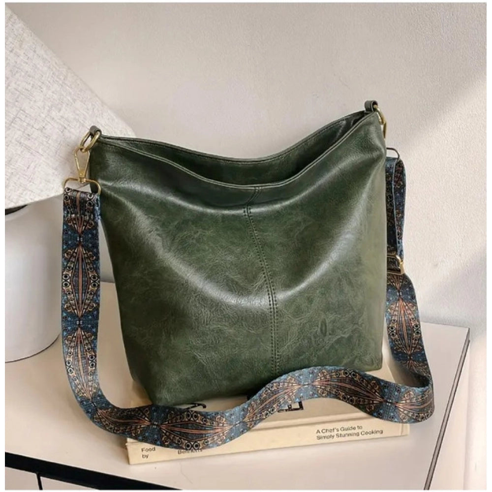 Green PU leather zipper handbag, medium size for women's fashion accessories
