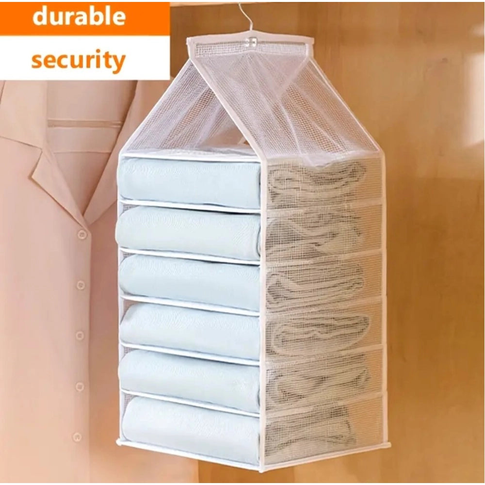 White ABS plastic hanging organizer with 6 shelves for wardrobe storage, ideal for wall mount closet organization