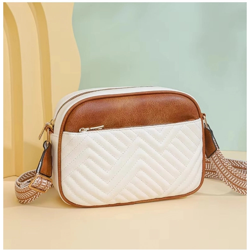 White PU leather zipper sling bag for women, medium size with closure type - ideal accessory for everyday use