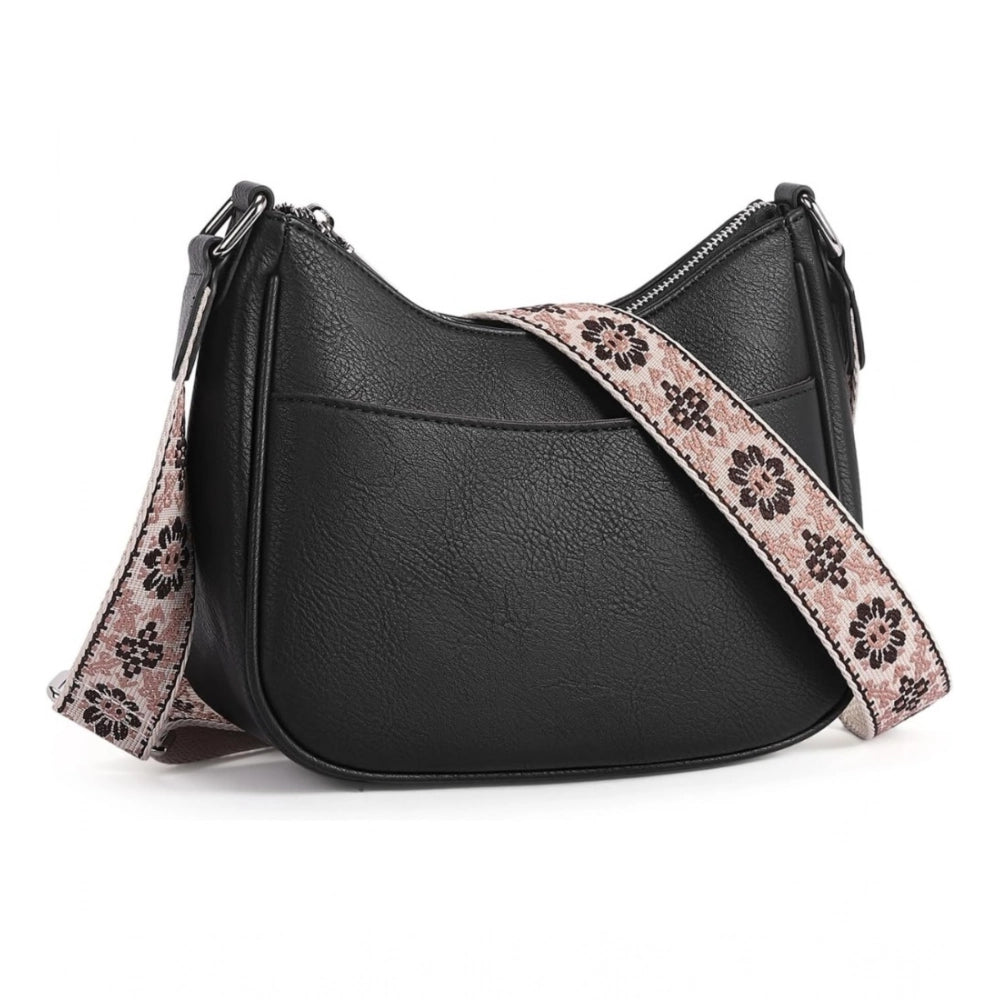 Black PU leather sling bag, medium size, zipper closure for women's fashion accessory