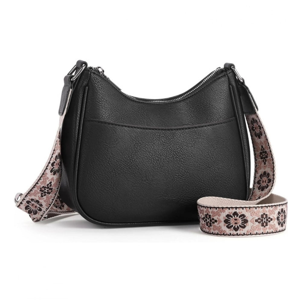 Black PU leather zipper sling bag for women, medium size accessory