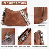 Brown PU leather zipper sling bag for women, medium size with contrast accent
