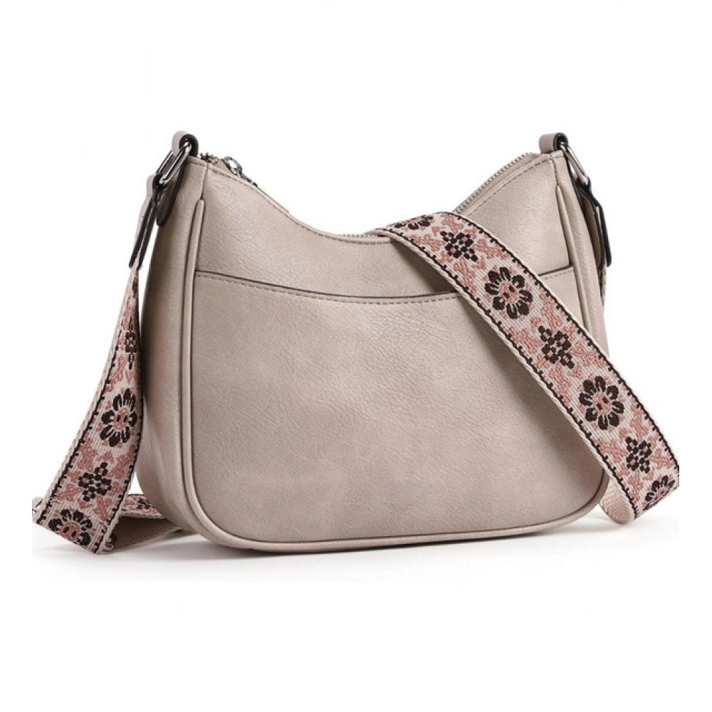 Beige PU leather zipper sling bag (medium size) - women's fashion accessory
