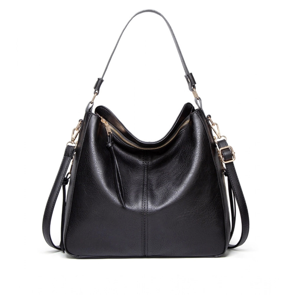 Black PU leather zipper handbag, medium size for women's fashion accessory