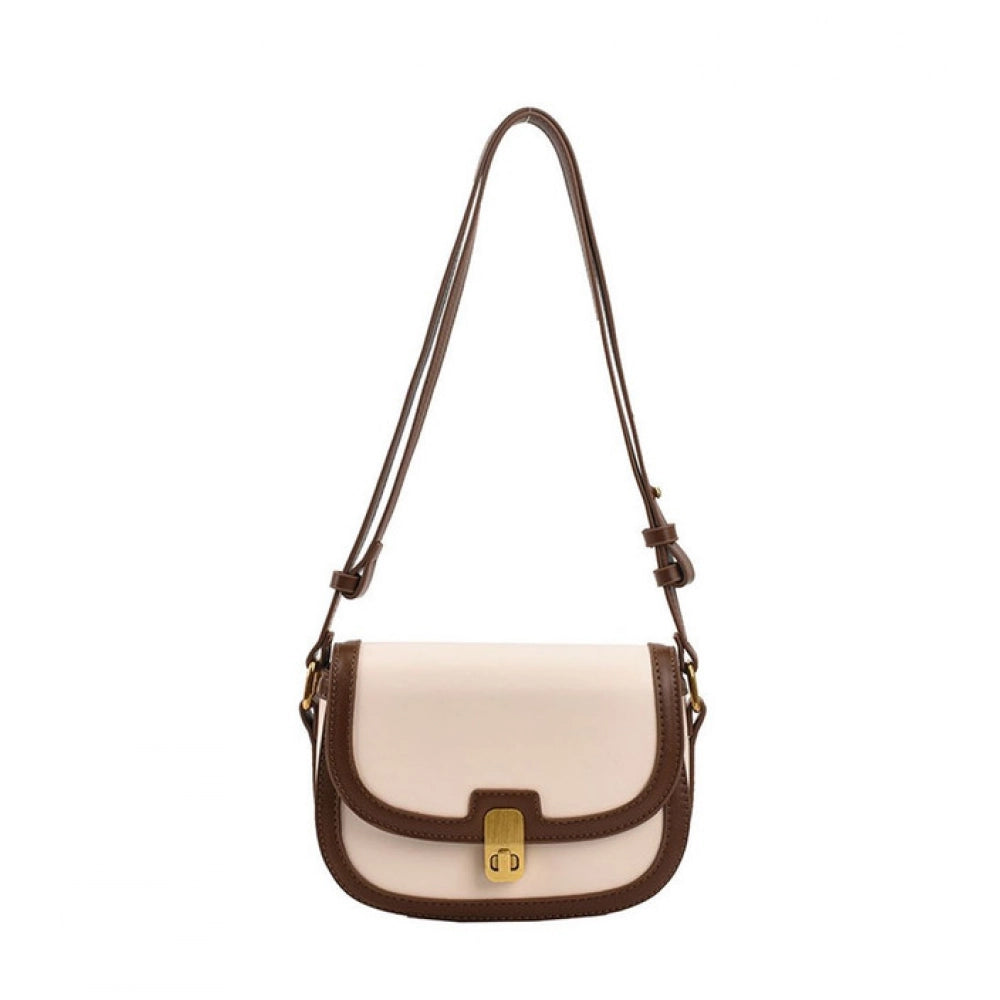 Beige PU leather zipper sling bag for women, medium size with adjustable strap