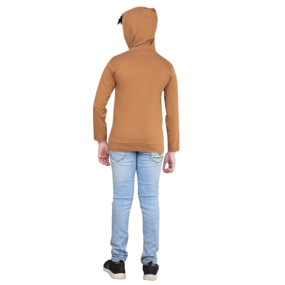 Brown cotton printed hooded neck hoodie for boys, casual and comfortable wear