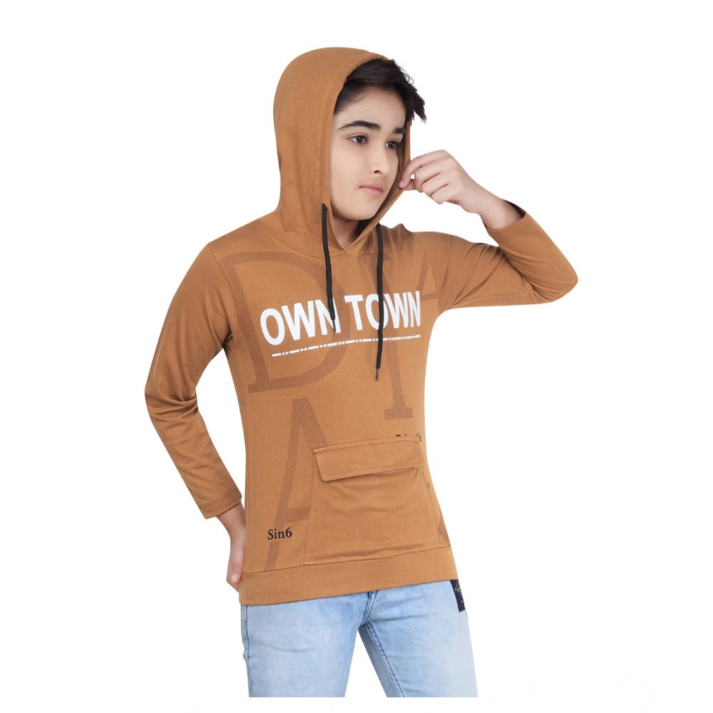 Brown cotton printed boy's hoodie with full sleeves, featuring a hooded neck design