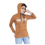Brown cotton printed boy's hoodie with full sleeves, featuring a hooded neck design