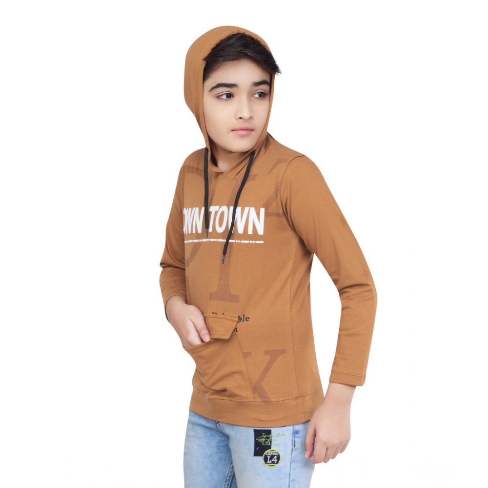 Brown cotton printed boy's hoodie with full sleeves, casual fashion for active wear