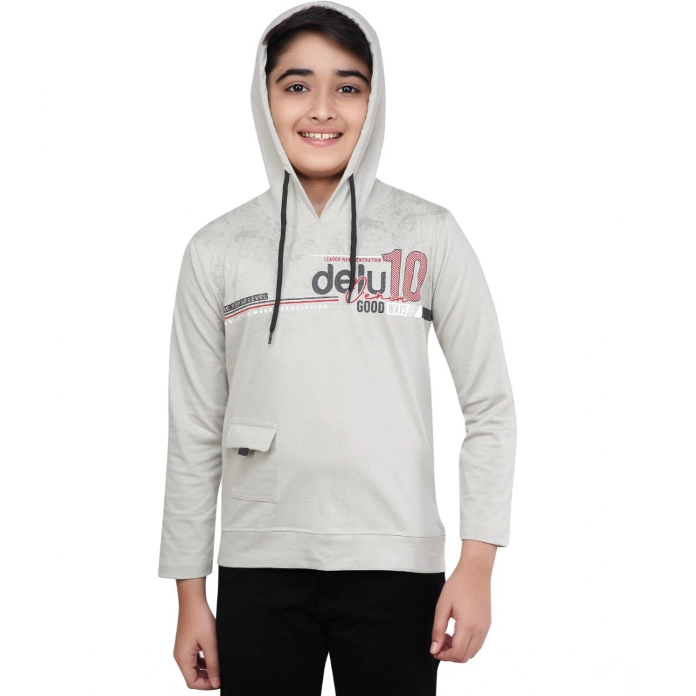 Grey cotton printed boy's hoodie with full sleeves and hooded neck, featuring a vibrant design for casual wear