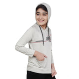 Grey cotton printed boy's hoodie with full sleeves, hooded neck design