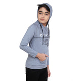 Steel Blue cotton printed hoodie for boys, full sleeve with hooded neck design