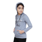 Steel blue cotton printed boy's hoodie with full sleeves, on hanger