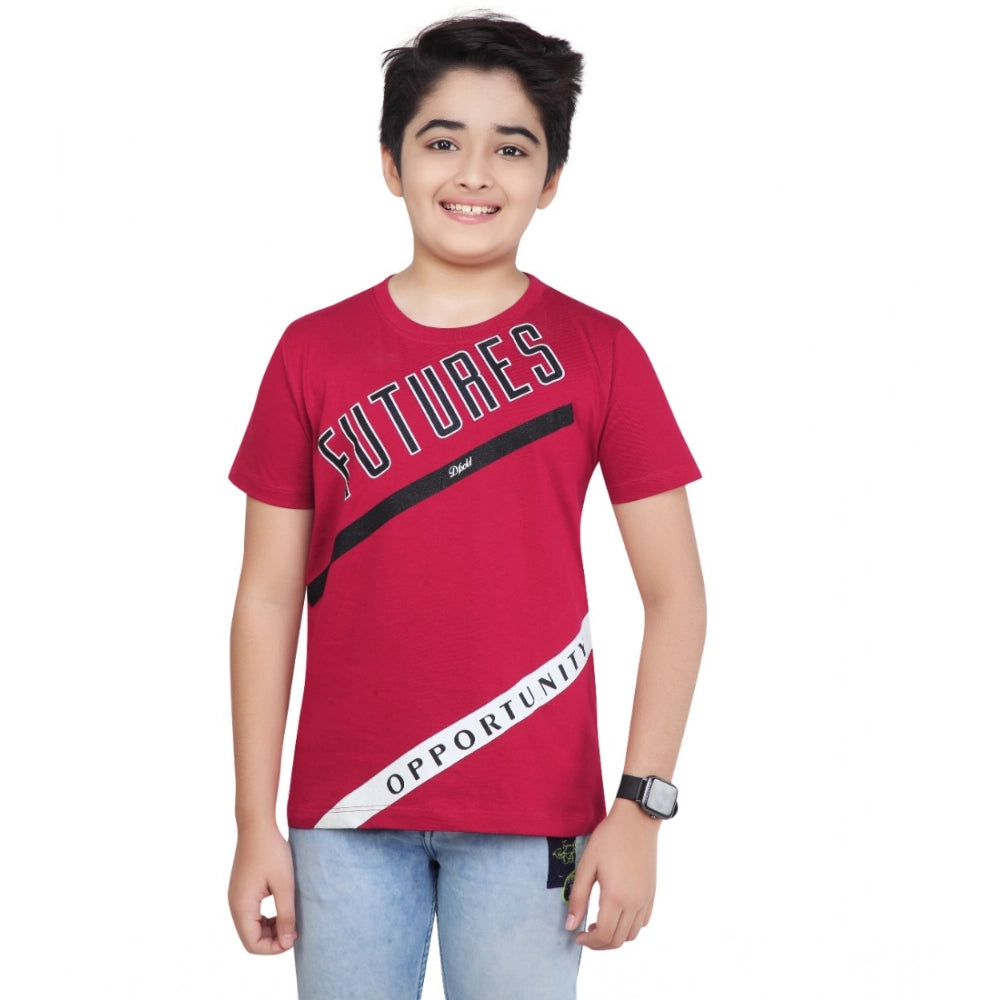 Marron cotton graphic printed boy's round neck t-shirt with short sleeves