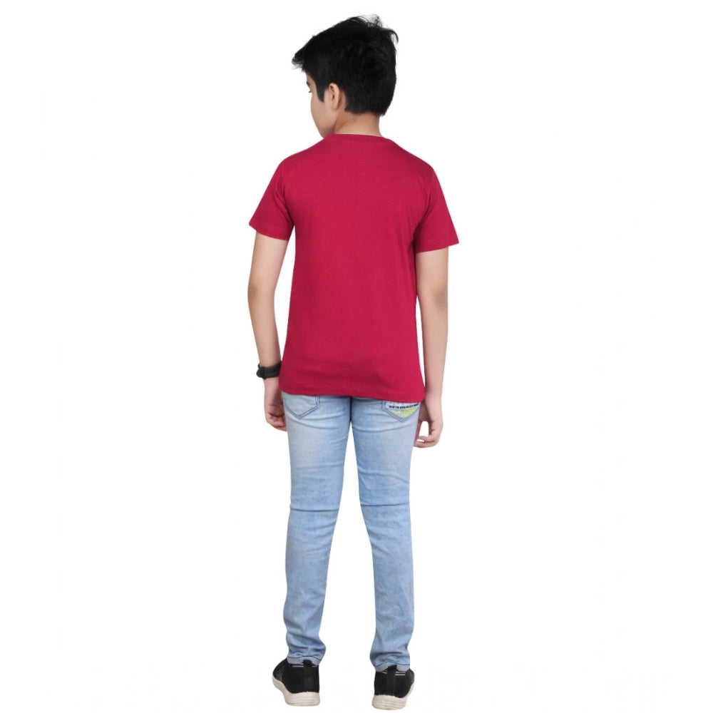 Marron cotton graphic printed boy's round neck t-shirt with short sleeves