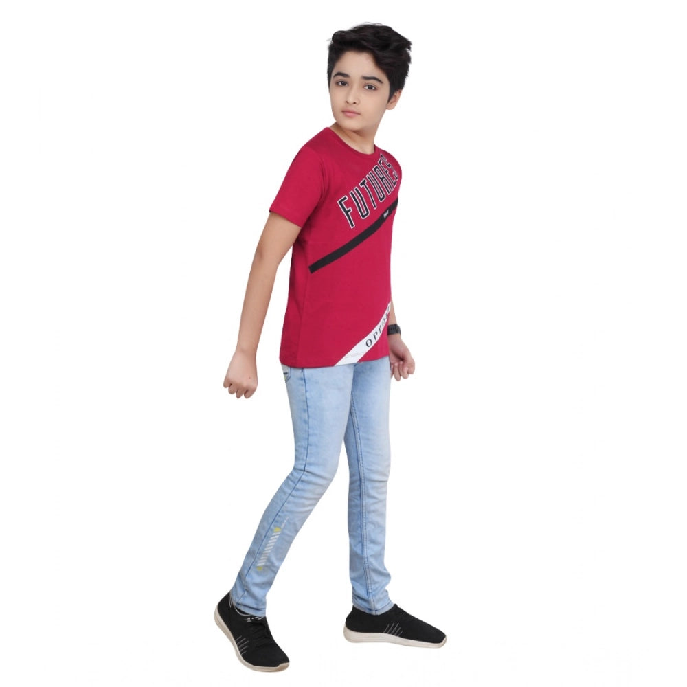 Marron cotton graphic printed boy's round neck t-shirt with short sleeves, vibrant design on display