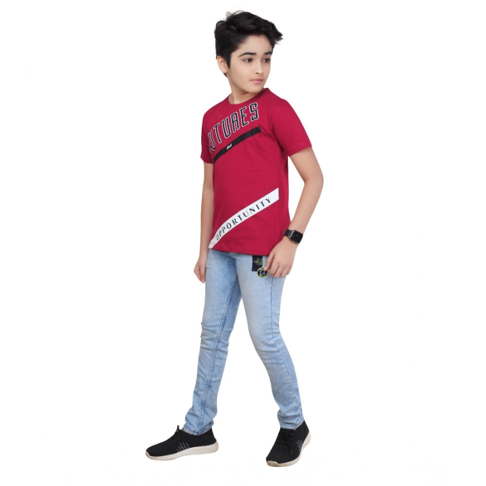 Marron cotton graphic printed round neck t-shirt for boys, vibrant print on short sleeves