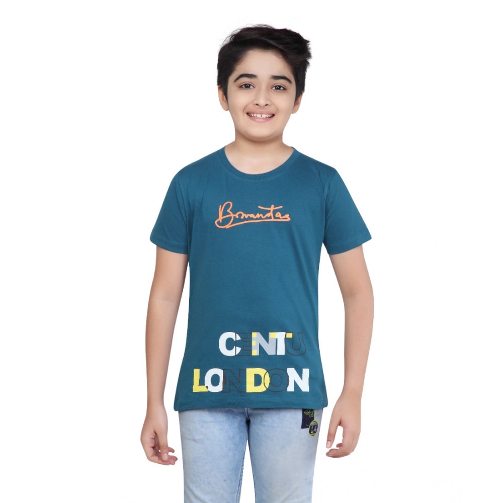 Teal green graphic print cotton boy's round neck t-shirt with short sleeves