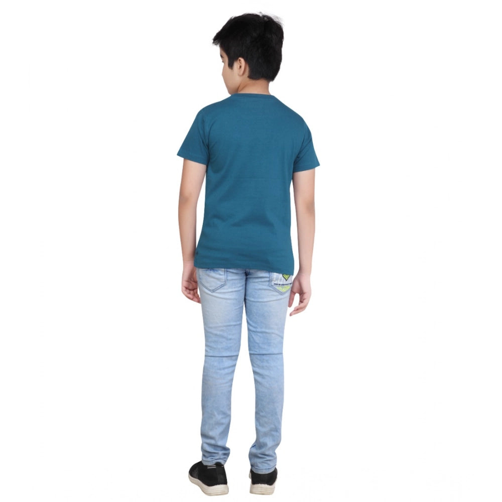 Teal green cotton graphic printed boy's round neck t-shirt with short sleeves