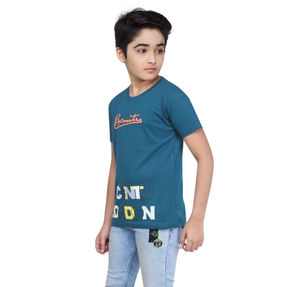Teal green graphic print cotton boy's round neck t-shirt with short sleeves