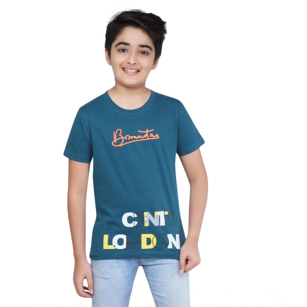 Teal green graphic print cotton boy's round neck t-shirt with short sleeves