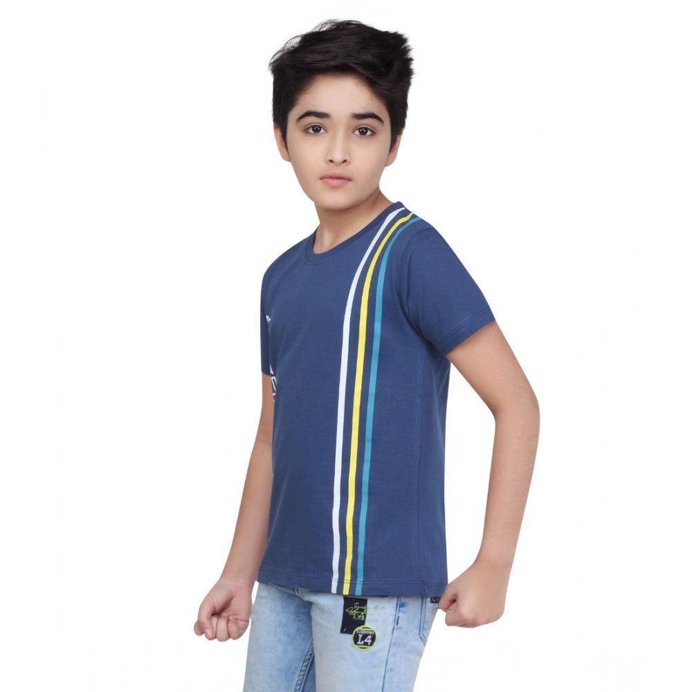 Blue cotton graphic printed round neck t-shirt for boys with short sleeves