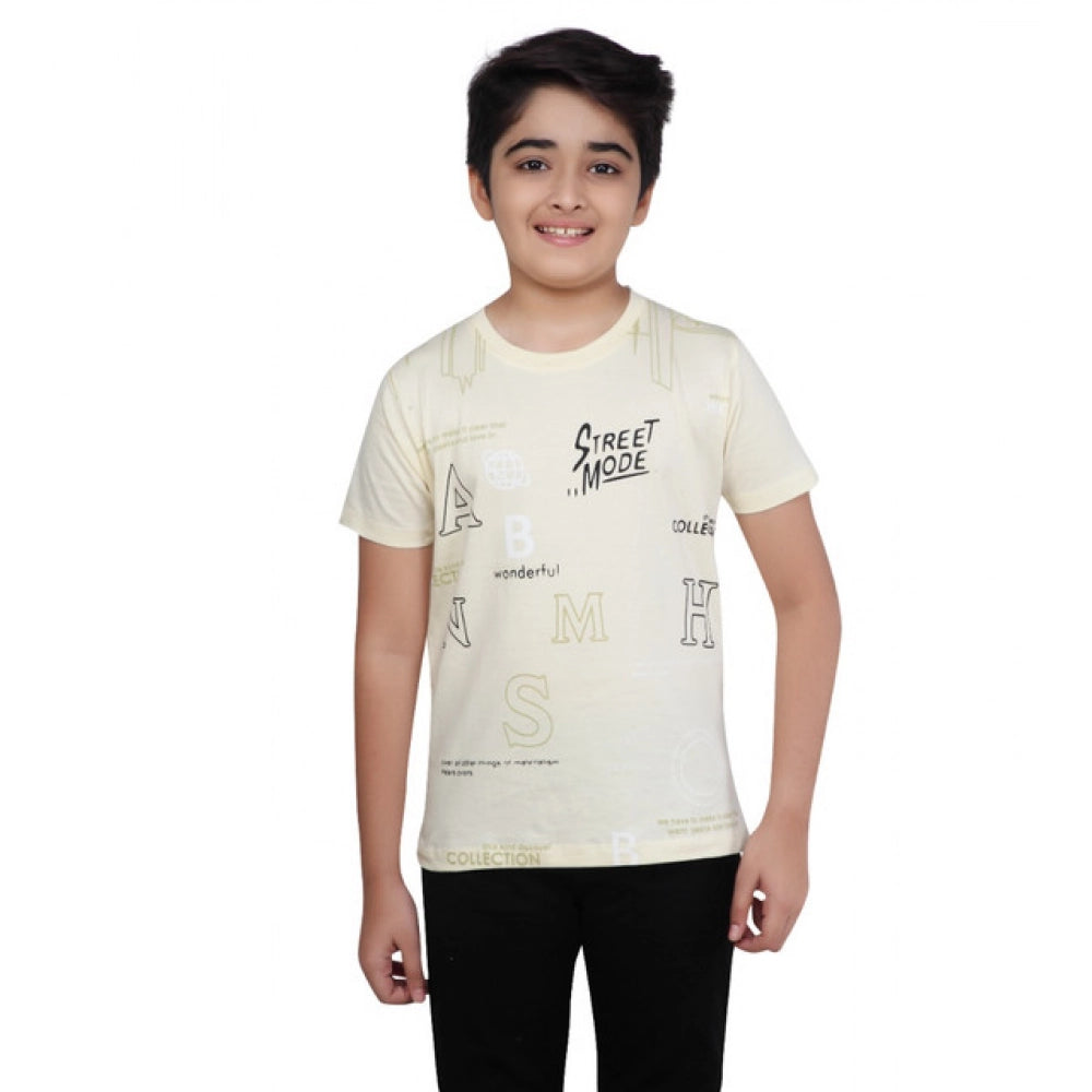 Boy's cotton graphic printed beige round neck t-shirt, short sleeves for casual wear